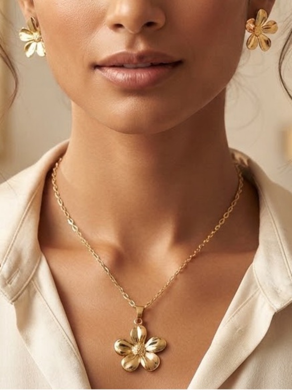 Gold Flower Stainless Steel Necklace & Earring Women Set.